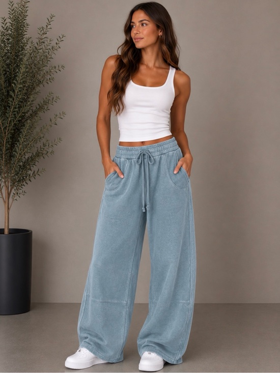 Pants - 863. Women’s Fleece Dusty Blue Mineral Wash Barrel Lounge Pants NEW